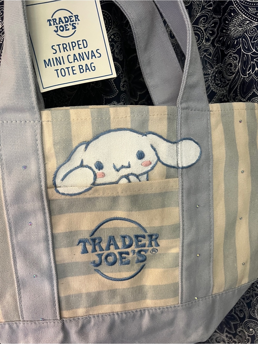 Trader Joe's Striped Mini Tote Cinnamoroll hand painted & hand embroidered! - Picture 3 of 7